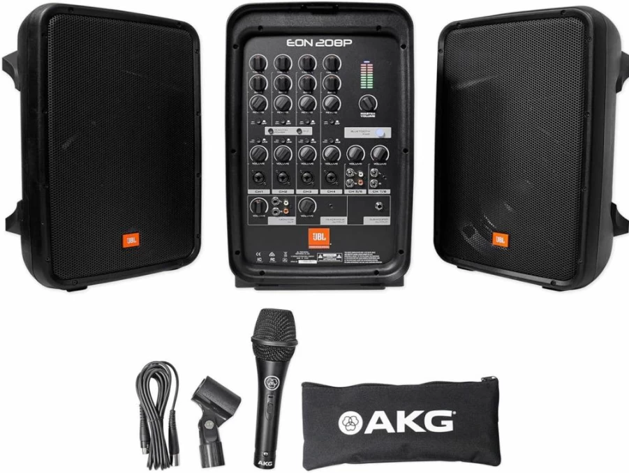 JBL EON208P Portable PA System with 8-Channel Mixer, Bluetooth, AKG Microphone - 2-Way Dual Speaker (Black)
